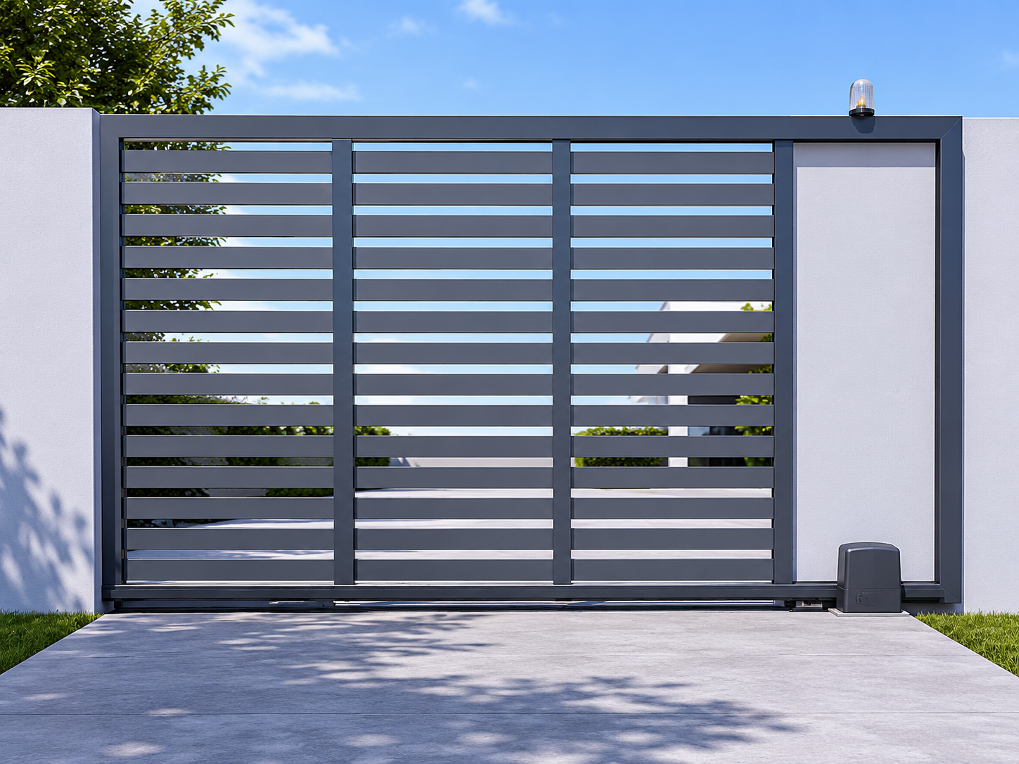 Sliding gate installed at commercial entrance — front elevation view